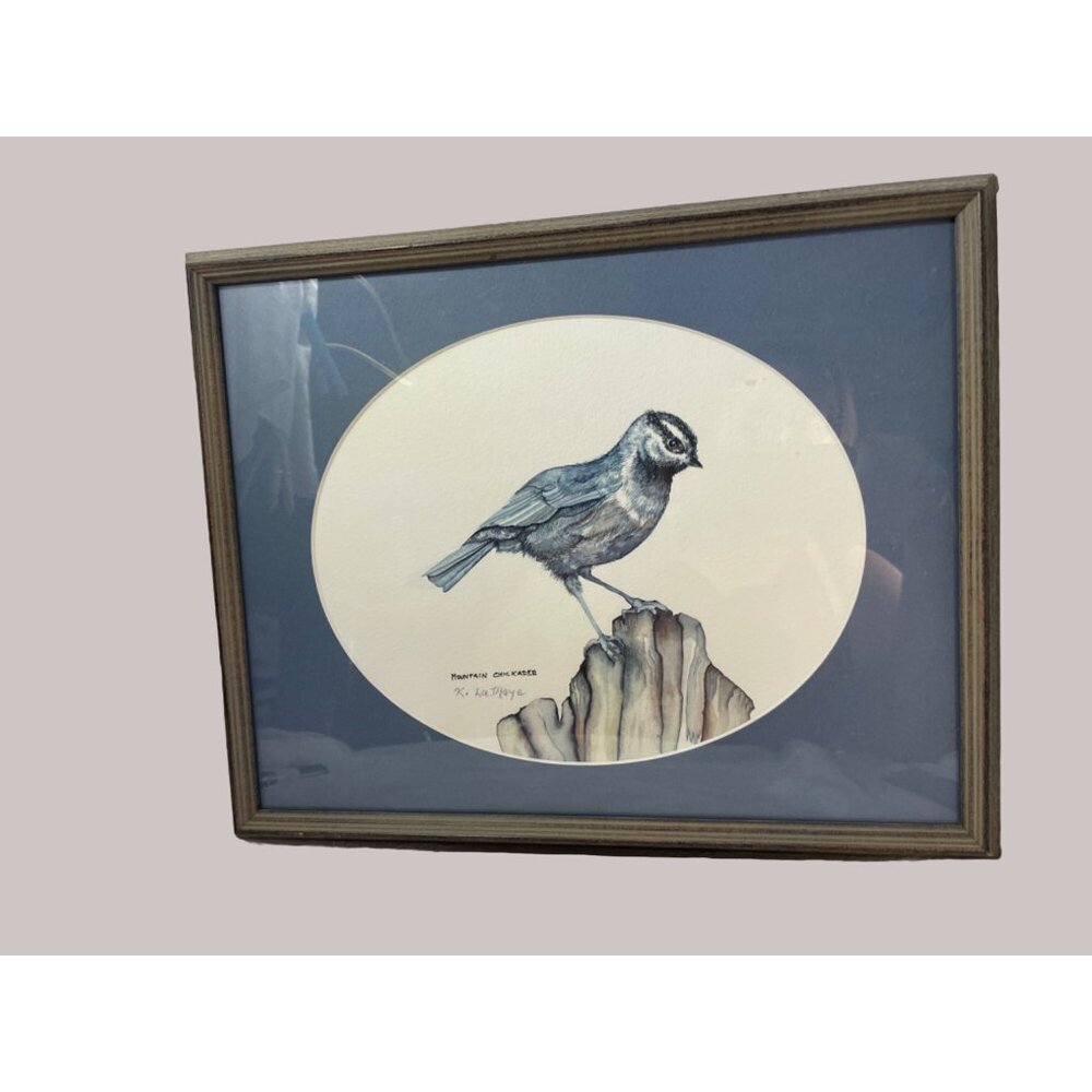 Mountain Chickadee Original Ink & WaterColor by K La Maye Framed Matted Blue